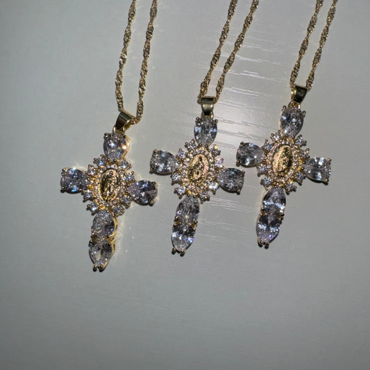 Crystal Clear Virgin Mary Cross Necklace