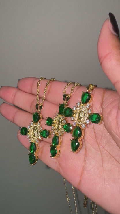 Green Virgin Mary Cross Necklace